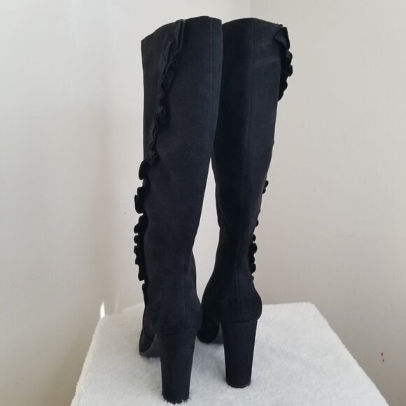 Below the Knee Black Suede Looking Ruffled Side Zippered Boots Size 10 4” Heel - Picture 6 of 16